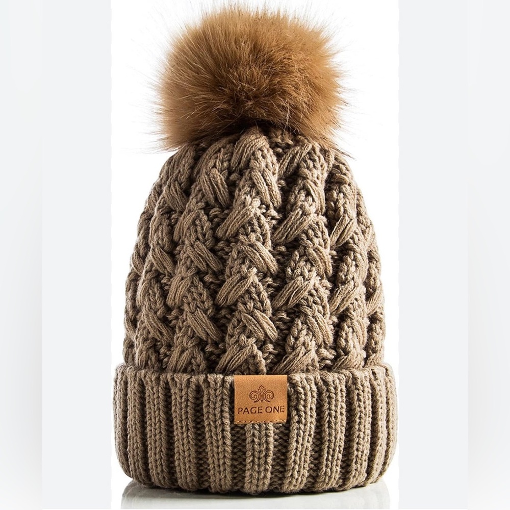 Page One Olive Cable Knit Beanie Faux Fur Pom Fleece Lined Winter Hat